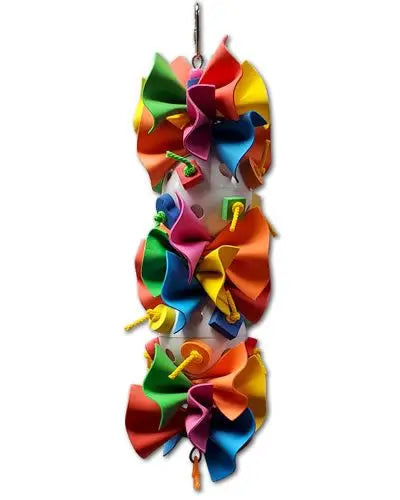 Vibrant Ruffle Firework-Bird Toy with colorful foam ruffles bursting from plastic balls and a playful animal topper.
