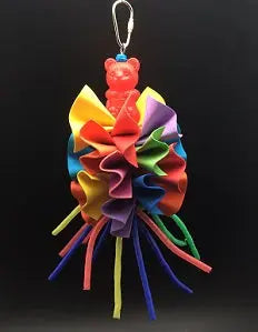 Vibrant plastic ruffle-bird toy with colorful, textured ruffles and a playful plastic bird perched on top, perfect for medium birds.
