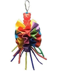 Vibrant plastic ruffle-bird toy with colorful, textured ruffles and a playful plastic bird perched on top, perfect for medium birds.