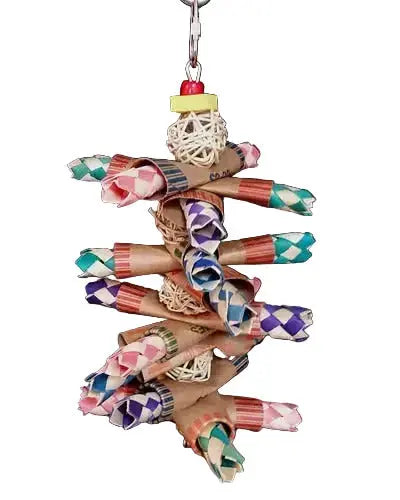 Colorful vine balls and finger traps woven together in a bird toy, perfect for stuffing with treats for Cockatiels and Conures.