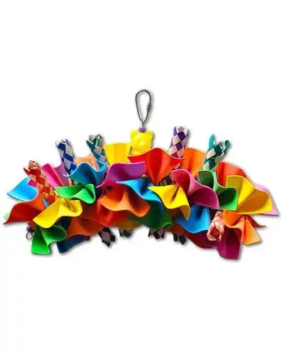 Vibrant bird toy with ruffled foam pieces, colorful finger traps on wire, and a playful plastic top for medium birds.