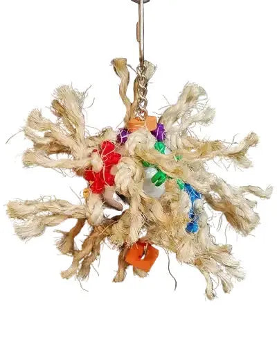 Vibrant Sisal Explosion bird toy with colorful sisal, plastic star links, and foam shapes knotted on a chained plastic ball.