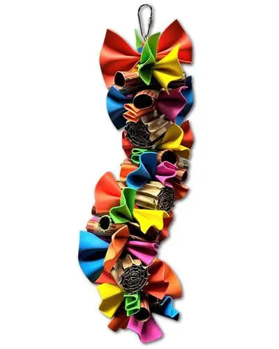 Vibrant bird toy with colorful corrugated rolls, folded foam, and coin rolls twisted on wire, perfect for medium birds.