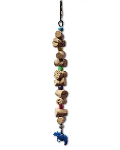Colorful Corky bird toy with corks, vibrant plastic beads, and a cute animal figure, perfect for small birds to chew and play.