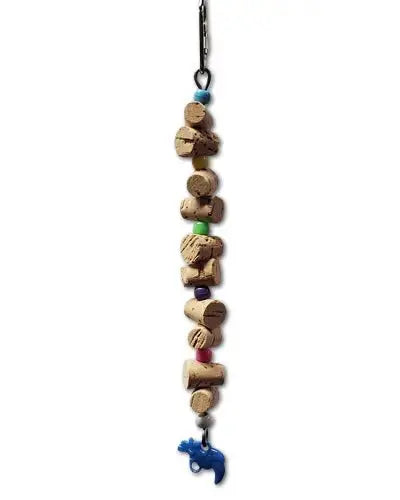 Colorful Corky bird toy with corks, vibrant plastic beads, and a cute animal figure, perfect for small birds to chew and play.
