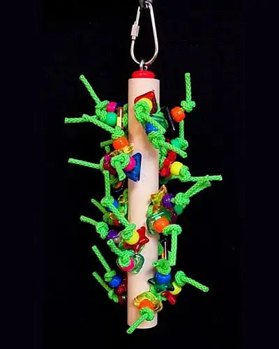 Colorful bird toy with plastic beads, rings, and polly rope tied on a wooden dowel, perfect for cockatiels and small parrots.