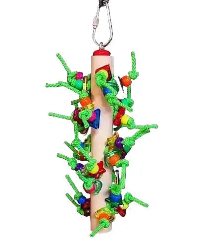 Colorful bird toy with plastic beads, rings, and polly rope tied on a wooden dowel, perfect for cockatiels and small parrots.