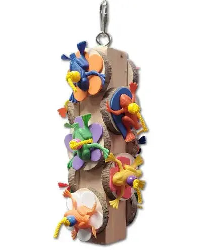 Colorful Log Chew bird toy with a thick wooden base, natural wood slices, playful plastic animals, and durable poly rope.