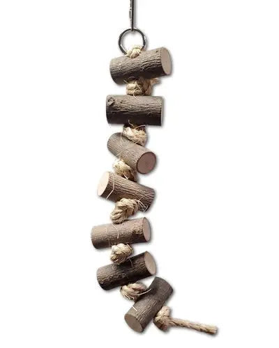 Colorful bird toy featuring a natural wood log, knotted with sisal rope, perfect for conures and caiques to chew and play.