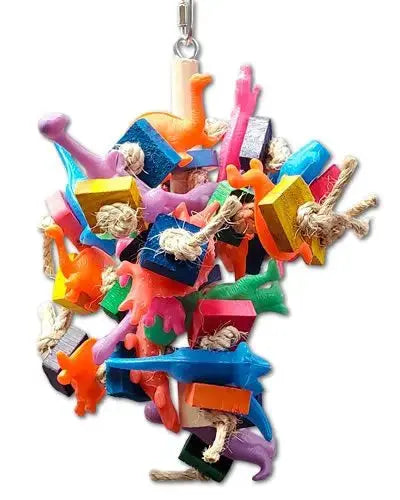 Vibrant Dino Chomp bird toy with colorful wood slats, plastic dinosaurs, birdie bagels, and sisal rope, perfect for medium birds.