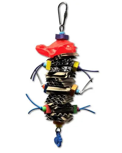 Colorful Bear King bird toy with cardboard slices, foam beads, plastic string, and a cute bear perched on top.