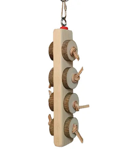 Rustic bird toy featuring natural wood log slices of maple, ash, or poplar, tied with leather lace, perfect for medium-sized birds.