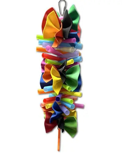 Vibrant bird toy with colorful plastic straw tubes, folded foam ruffles, and shiny beads strung on a sturdy wire.