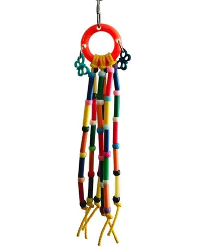Vibrant bird toy with colorful plastic straws, polly rope, and charming animal beads, perfect for small feathered pals.