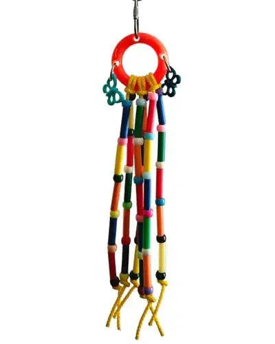 Vibrant bird toy with colorful plastic straws, polly rope, and charming animal beads, perfect for small feathered pals.