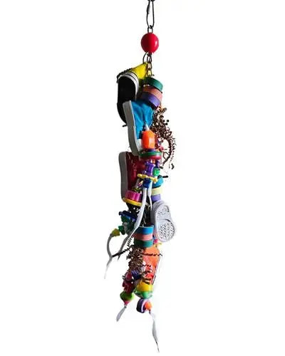Colorful bird toy with mini sneakers, crinkle paper, and plastic charms hanging on a durable chain, perfect for playful pets.