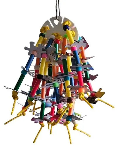 Vibrant bird toy with colorful cardboard puzzle pieces, beads, plastic tubes, and polly rope, perfect for cockatiels.