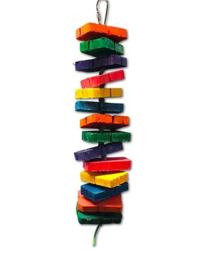 Vibrant wooden bird toy with colorful chains and leather textures, perfect for small to medium birds to chew and play.