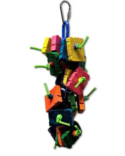 Colorful bird toy with a plastic link chain, notched wood slices, and vibrant beads, perfect for small to medium birds.