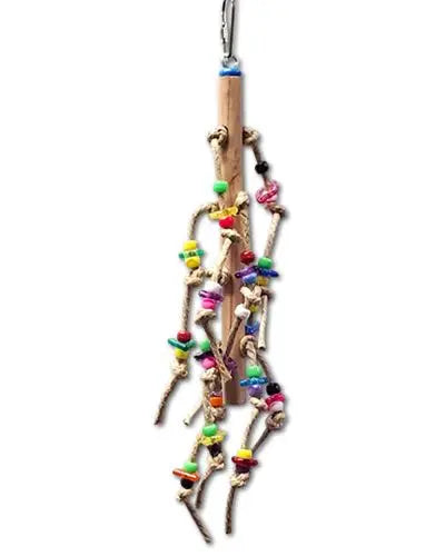 Vibrant bird toy with colorful beads, textured wood, and knotted rope, perfect for cockatiels and parakeets to explore.