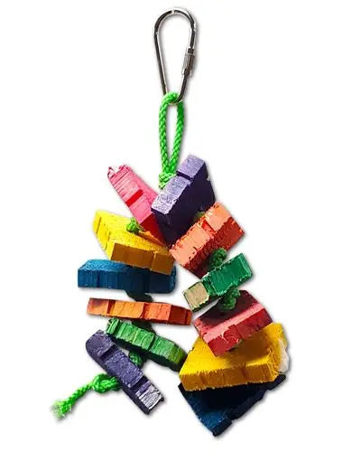 Vibrant wooden puzzle pieces in rainbow colors strung on knotted rope, forming a playful bird toy for conures and cockatiels.