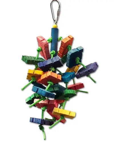 Vibrant Polly Puzzle bird toy with colorful wooden pieces and polly rope, hanging on a bright wooden dowel for playful birds.