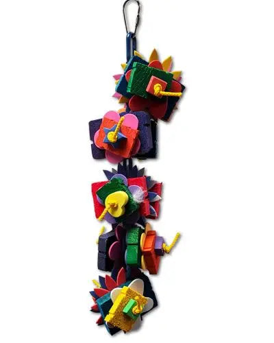 Colorful Flower Sandwich toy by Grasshopper Toys, featuring notched wooden blocks and soft foam shapes for birds to chew.