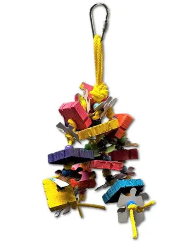 Vibrant Puzzle Fun-Grasshopper Toy with notched wood, colorful plastic beads, and poly rope for small to medium birds.