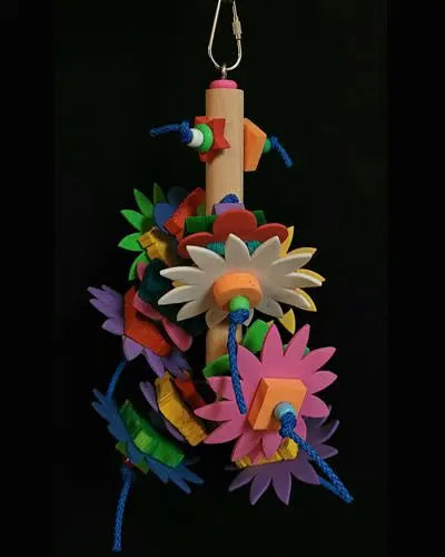 Vibrant Tower of Fun-Grasshopper Toy with a central plastic tube, dangling chain, and colorful foam and wood shapes for birds.