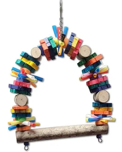 Vibrant Wood Chunk Swing for birds, featuring colorful puzzle pieces, foam beads, and natural wood logs for chewing fun.