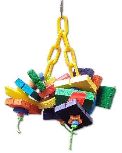 Vibrant Grasshopper Pocket Aces bird toy with colorful wooden blocks, plastic animals, boats, foam shapes, and beads on rope.
