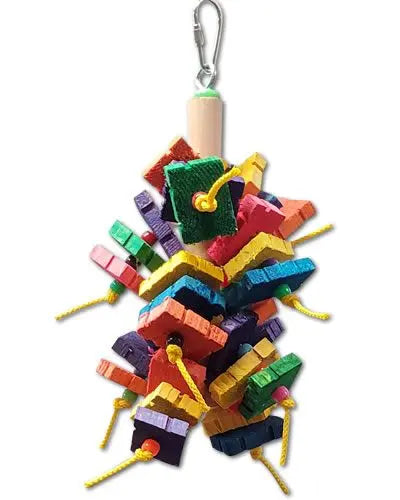 Vibrant Puzzle Tree bird toy with colorful wooden puzzle pieces and plastic beads on a wooden dowel, perfect for playful birds.