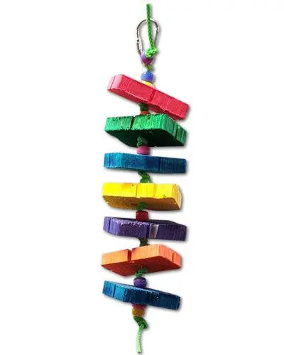 Vibrant bird toy with wooden puzzle pieces, colorful plastic beads, and poly rope, perfect for small to medium birds.