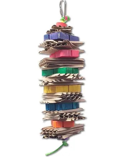 Colorful Puzzle Stack bird toy with corrugated paper and puzzle-shaped wooden blocks, perfect for conures and caiques.