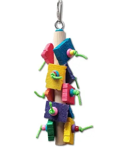 Vibrant Sm Puzzle Tree toy for birds, featuring colorful wooden puzzle pieces and plastic beads on a sturdy wooden dowel.