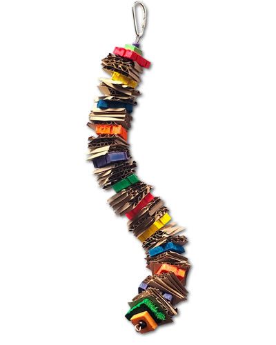 Colorful bird toy with corrugated paper and puzzle-shaped wooden blocks, ideal for conures and cockatiels to chew and play.