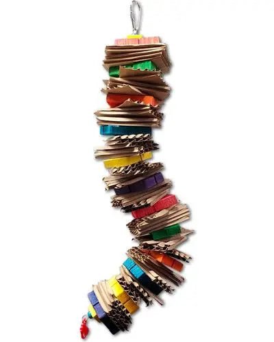Vibrant bird toy with colorful corrugated paper and puzzle-shaped wooden blocks, perfect for medium-sized parrots.