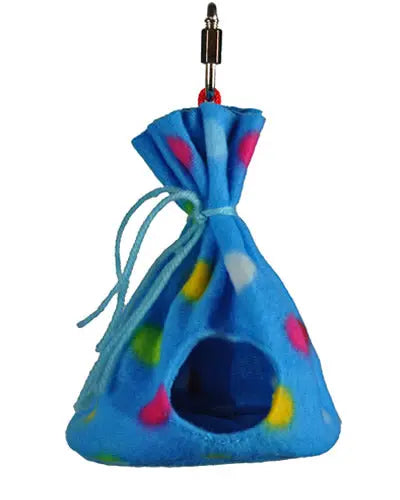 Cozy small fleece teepee for birds, featuring a soft, colorful design with a plastic base and a pear link for easy hanging.