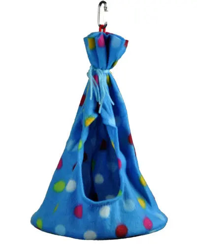 Cozy XL Fleece TeePee for birds, featuring a soft, colorful design with a plastic base and a small round opening for easy access.