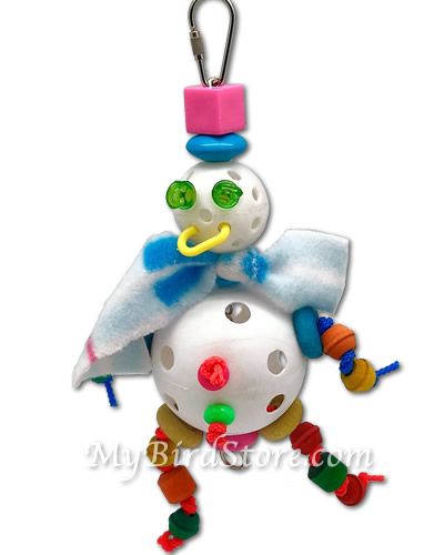 Cheerful Snowman bird toy with colorful wooden beads, polly rope, and treat-stuffable plastic shapes for playful pets.