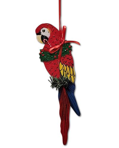 Vibrant Scarlet Macaw ornament with striking red, yellow, and blue feathers, perfect for bird lovers' decor.