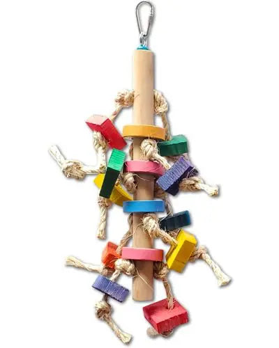 Vibrant bird toy with colorful wood blocks and sisal knots on a sturdy bagel pole, perfect for medium-sized birds to enjoy.