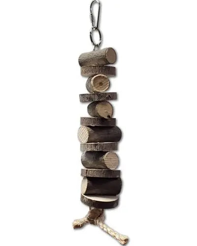 Colorful bird toy featuring natural wood logs and slices on a chain, accented with a sisal rope for playful chewing.