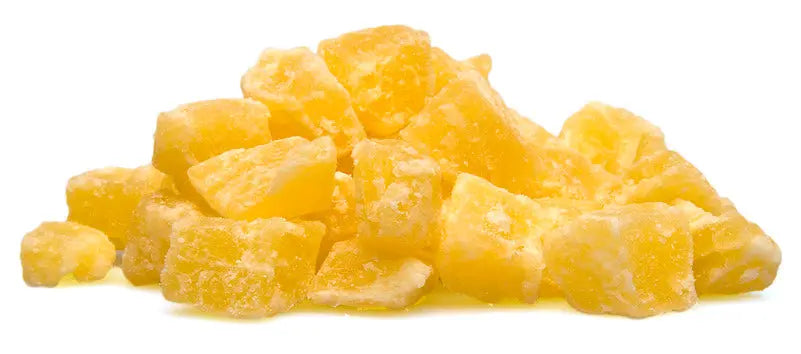 Vibrant dried pineapple chunks in an 11lb bulk pack, perfect as a wholesome, sweet treat for your bird.