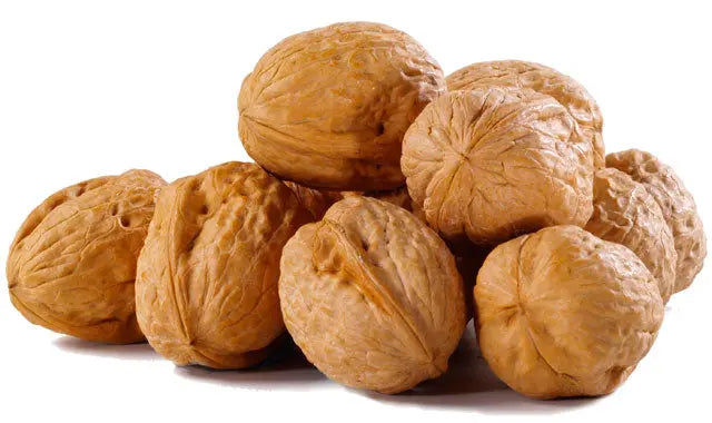 Fresh, whole walnuts in their natural shells, perfect for bulk baking or snacking, showcasing their rustic brown texture.