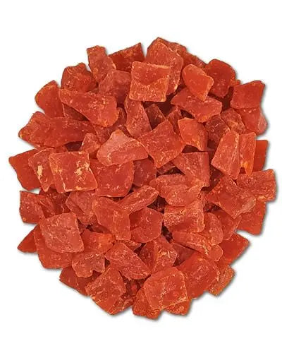 Vibrant dried papaya chunks in an 11lb bulk bag, perfect as a colorful and tasty treat for your bird.