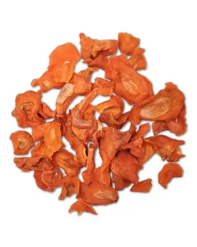 Close-up of 10lb bulk dried carrot cross cuts, showcasing their vibrant orange color and unique circular shape for bulk ingredient use.