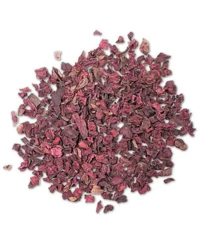 Vibrant red dried diced beets in a bulk 10lb package, perfect as a nutritious treat for birds.