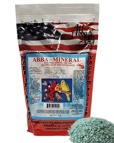 Colorful 2lb bag of Abba Mineral Grit, packed with essential minerals to boost bird health and vibrant plumage.
