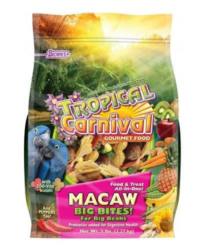 Vibrant mix of Tropical Carnival Big Bites Macaw Food with colorful fruits, nuts, and seeds for large birds' nutrition.